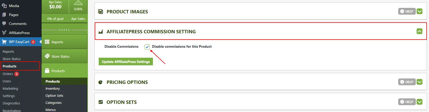 WP EasyCart Disable Commissions Product Setting