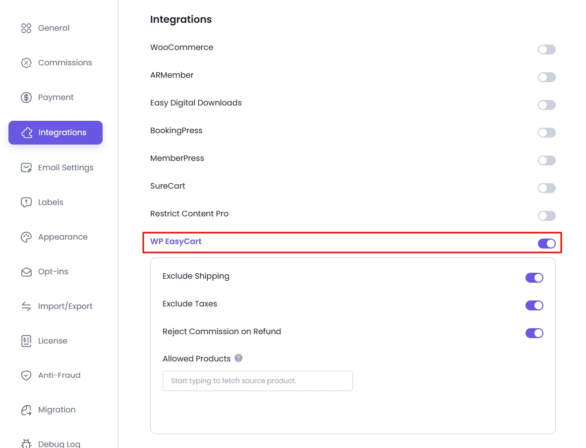 AffiliatePress WP EasyCart Integration Settings
