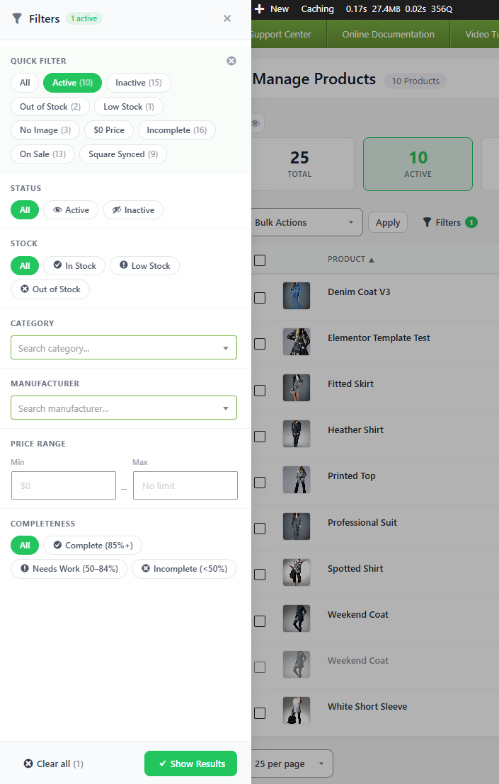 Manage Products filtering system