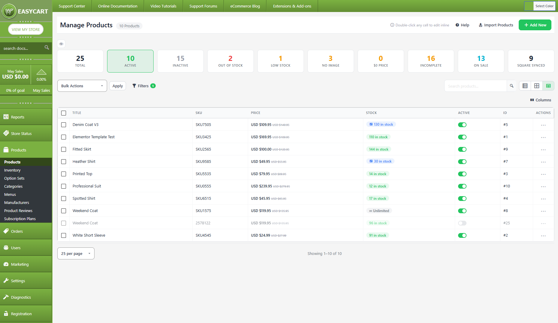 Manage Products spreadsheet view