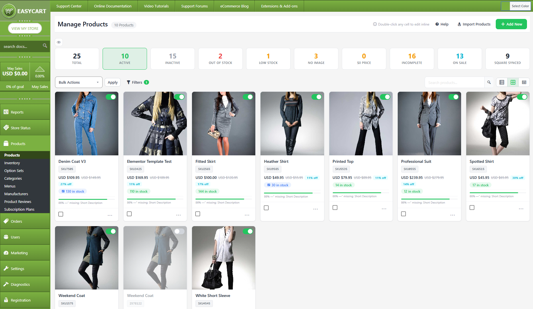 Manage Products card view