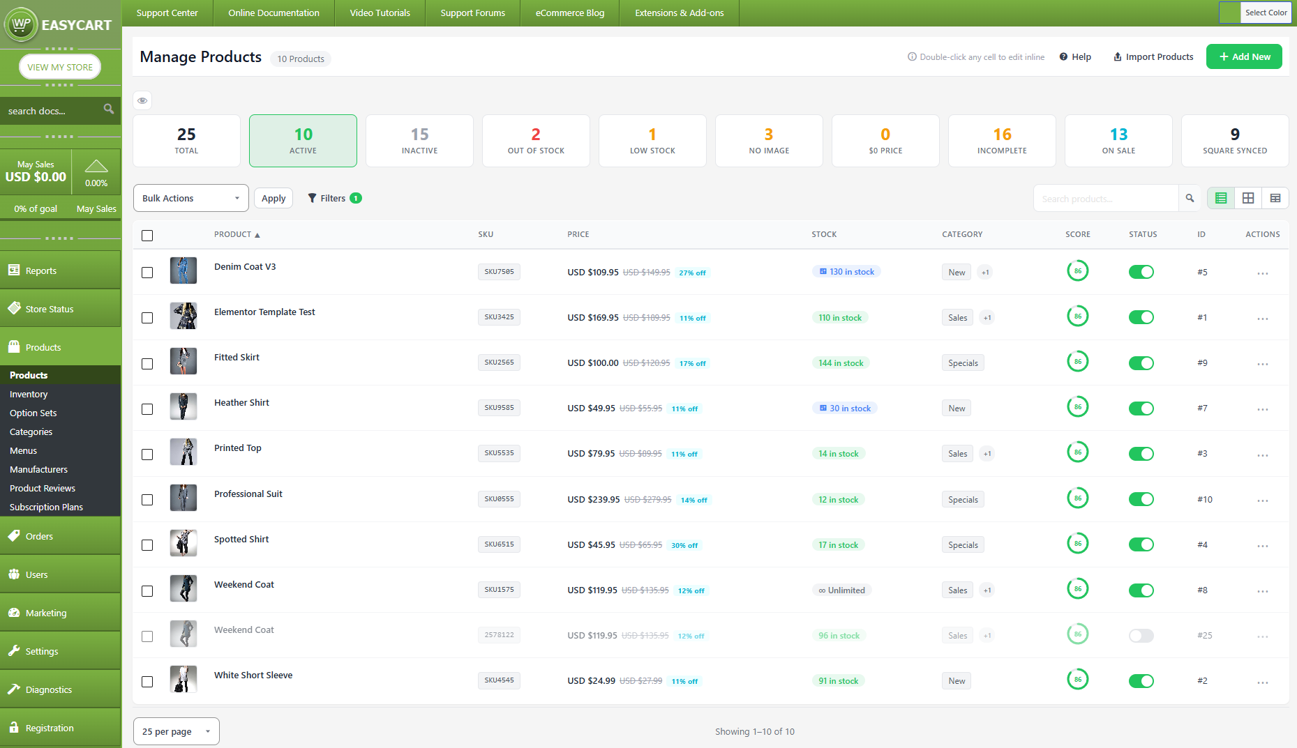 Manage Products table view