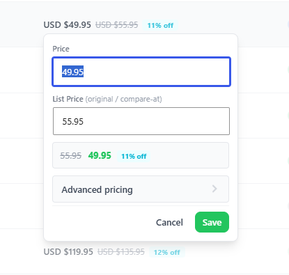Inline price adjustments