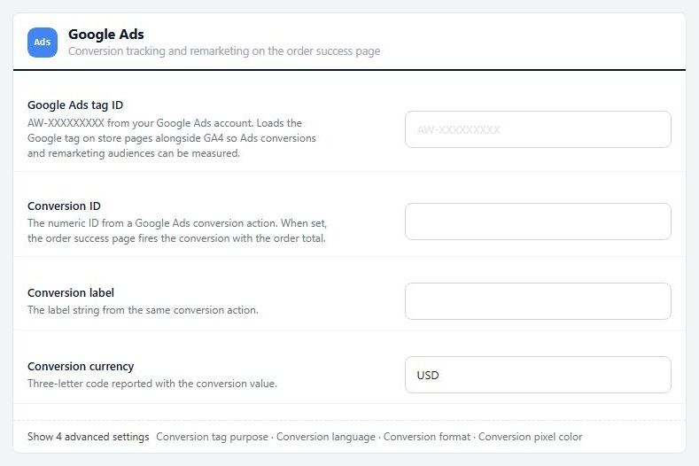 Settings › Integrations › Google Ads, before any IDs are entered.