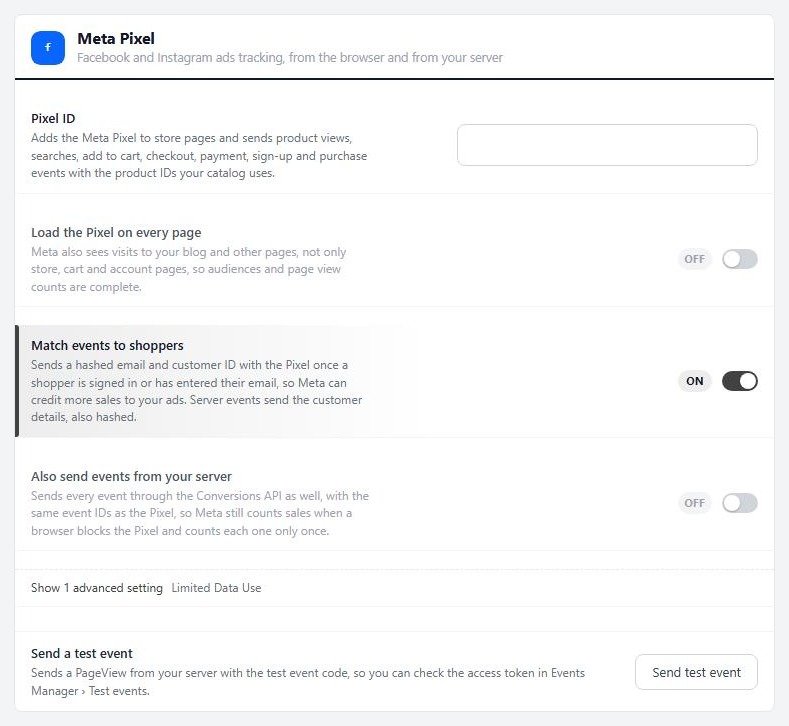 Settings › Integrations › Meta Pixel, before a Pixel ID is entered.