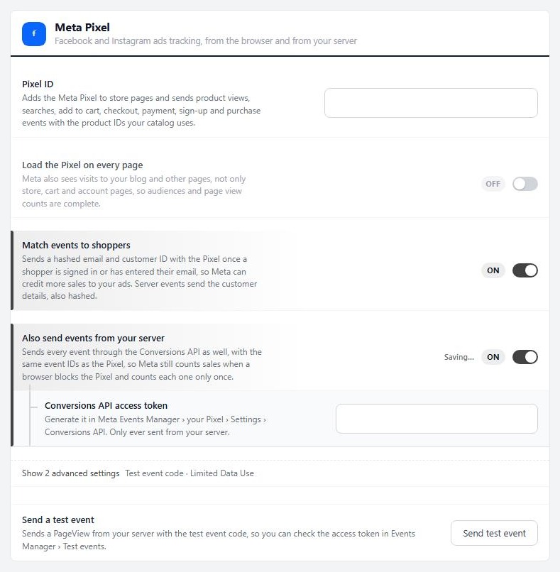 The Meta Pixel card with Also send events from your server turned on. No token is entered.