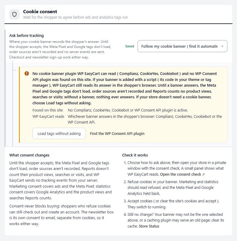 Settings › Integrations › Cookie consent, showing Ask before tracking and the status note.