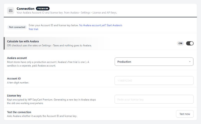 Connection, before the Account ID and license key are added.