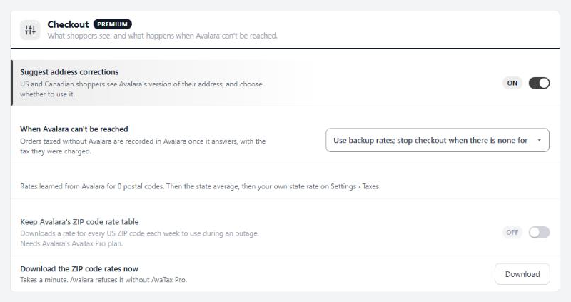 Checkout, with address suggestions and the plan for when Avalara cannot be reached.