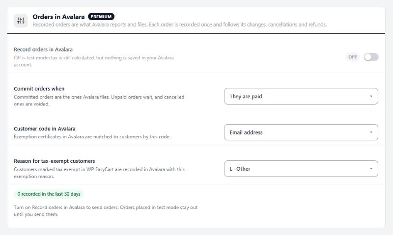Orders in Avalara, with recording still off.