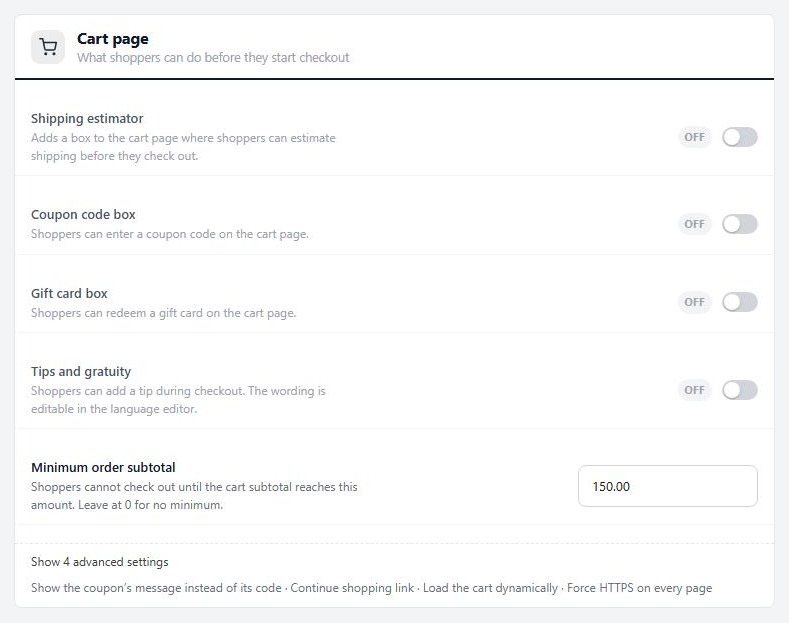 Settings › Checkout › Cart page, with advanced settings shown.