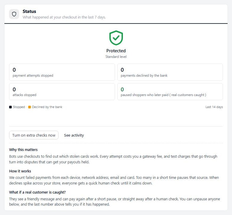 Settings › Checkout protection › Status.