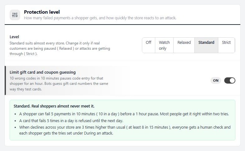 Settings › Checkout protection › Protection level.