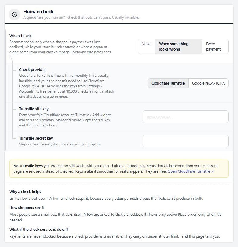 Settings › Checkout protection › Human check.