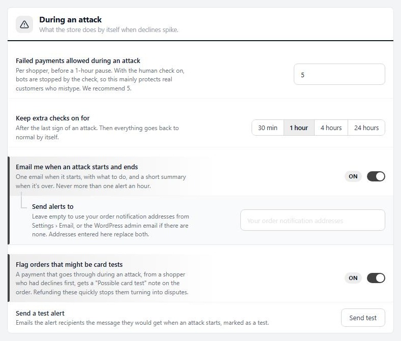 Settings › Checkout protection › During an attack.
