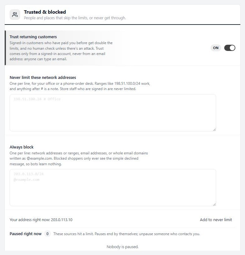 Settings › Checkout protection › Trusted & blocked.