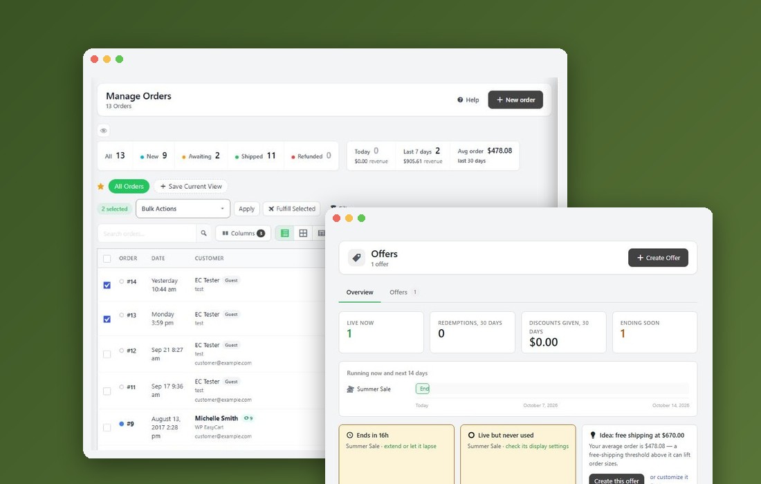 The WP EasyCart admin: orders and offers