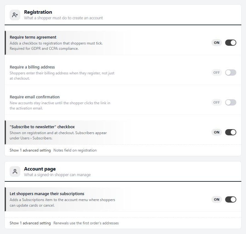 Settings › Accounts, with the Registration and Account page cards.