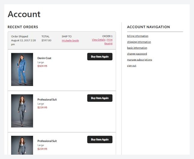 The My Account dashboard on your store, with the navigation and Recent Orders.
