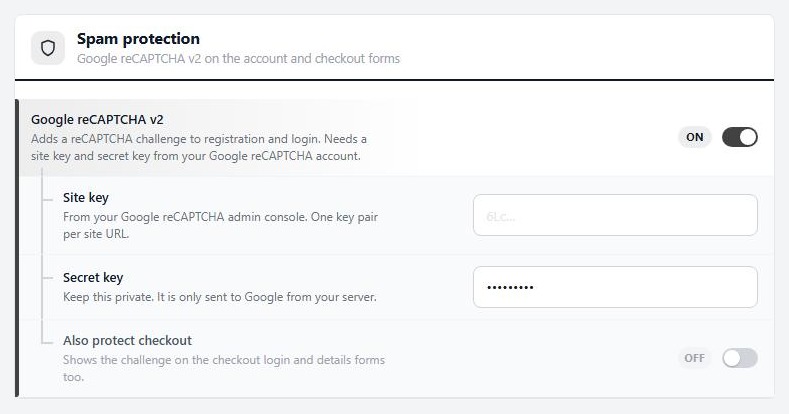 Settings › Accounts › Spam protection, with the reCAPTCHA switch on.