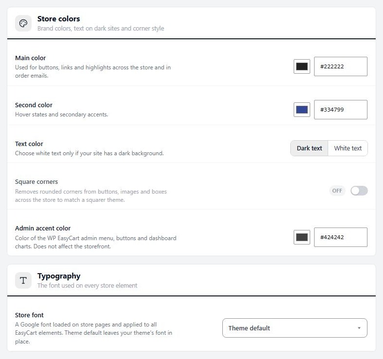 Settings › Design, Store colors and Typography.