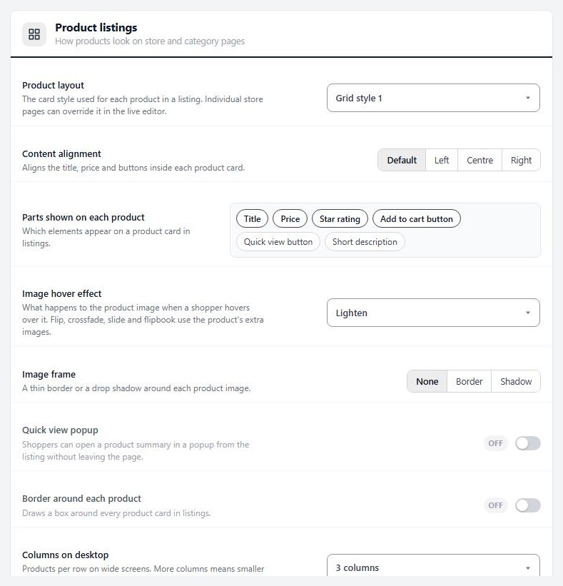 Settings › Design, Product listings.