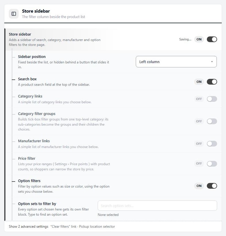 Settings › Products, Store sidebar.