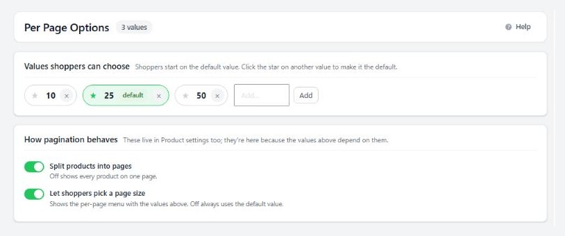 Settings › Per page options, with page size chips.