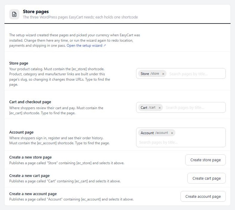 Settings › Store details › Store pages, with the three pages set.