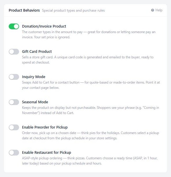 Type & Behavior › Product Behaviors, with the Donation/Invoice Product switch.