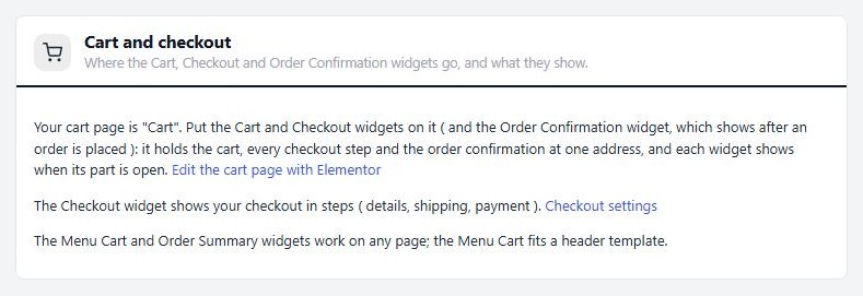 Settings › Elementor, the Cart and checkout card.