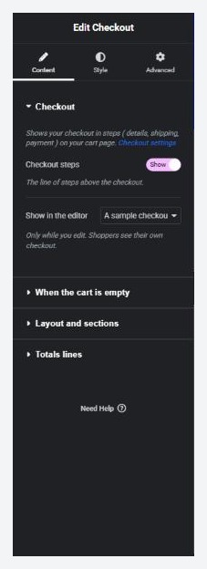 The Checkout widget in Elementor, with the Checkout section open.