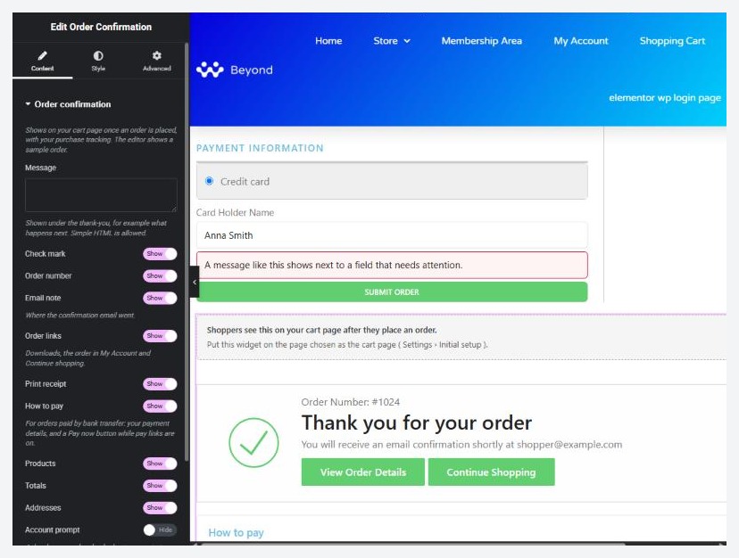 The Order Confirmation widget in Elementor, showing the sample order.