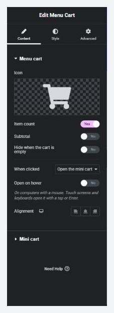 The Menu Cart widget in Elementor, with the Menu cart section open.