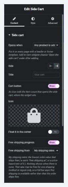 The Side Cart widget in Elementor. On a store without PRO it shows the locked description.