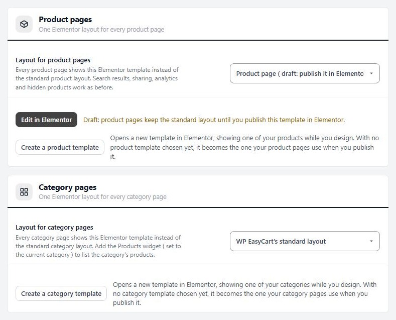 Settings › Elementor, with the product and category page layouts and the buttons that create a template.