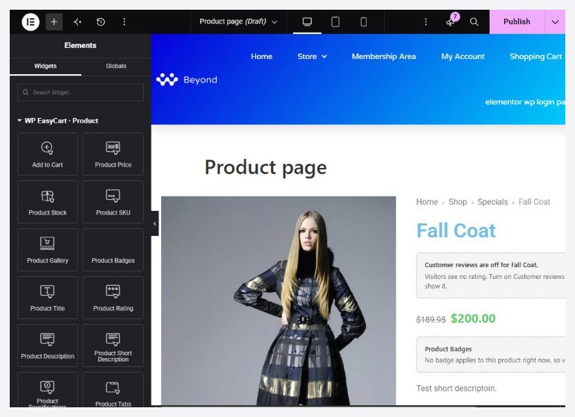 The starter product template in Elementor, with the WP EasyCart · Product widgets on the left.