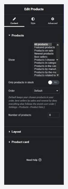 The Products widget in Elementor with the Products section open, showing the Show choice.
