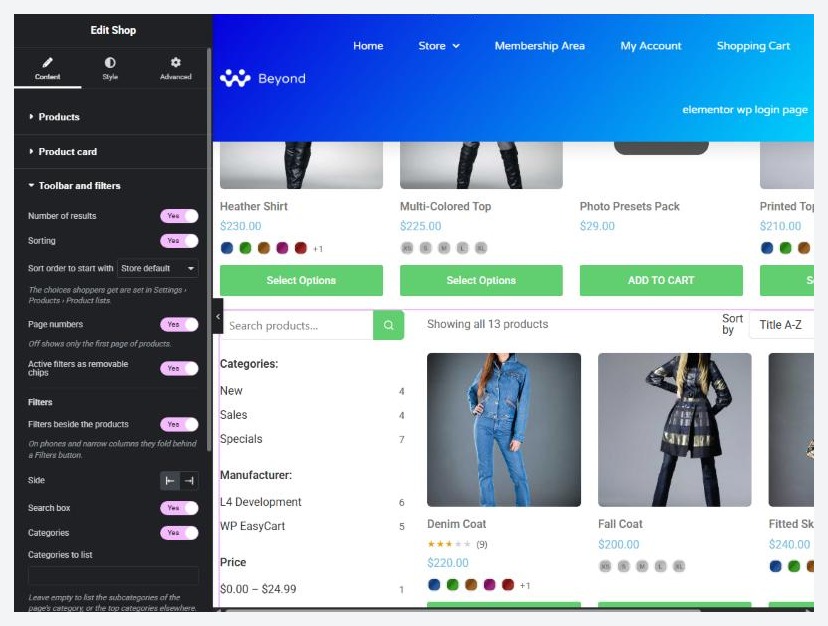 The Shop widget in Elementor with the Toolbar and filters section open.