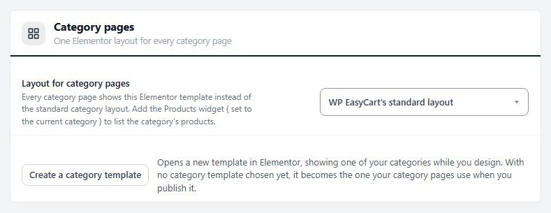 Settings › Elementor, the Category pages card with the layout choice and the button that creates a category template.