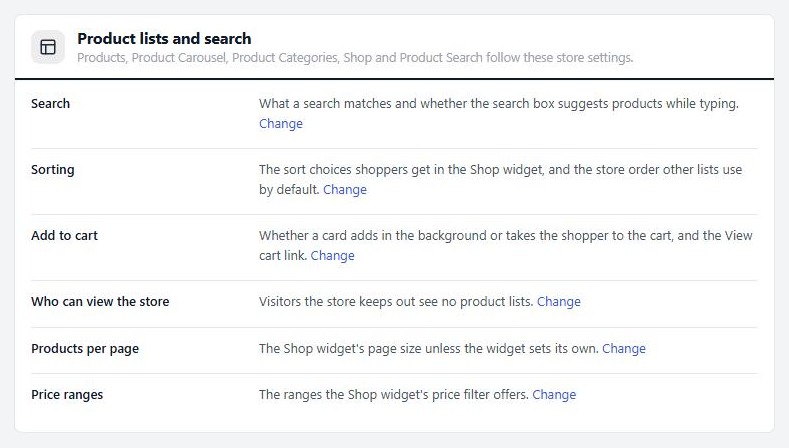 Settings › Elementor, the Product lists and search card.