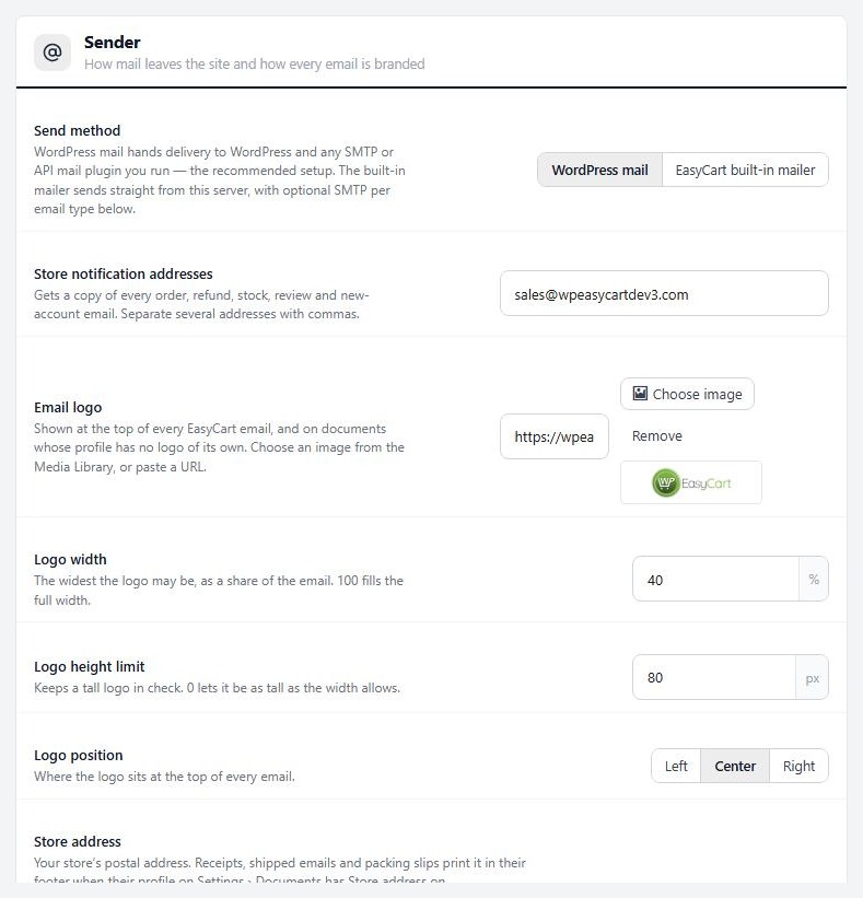 Settings › Email › Sender, showing the send method and store notification addresses.