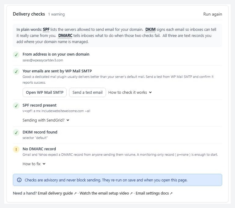 Settings › Email › Delivery checks, listing the from address, mail path, SPF, DKIM and DMARC checks.