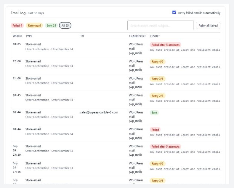 Settings › Email › Email log, with the status filters and search.