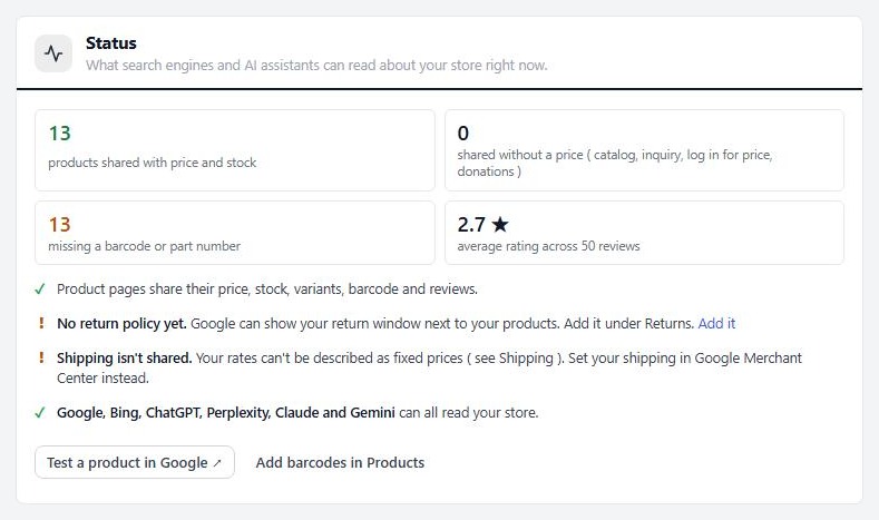 Settings › Search & AI, the Status section.
