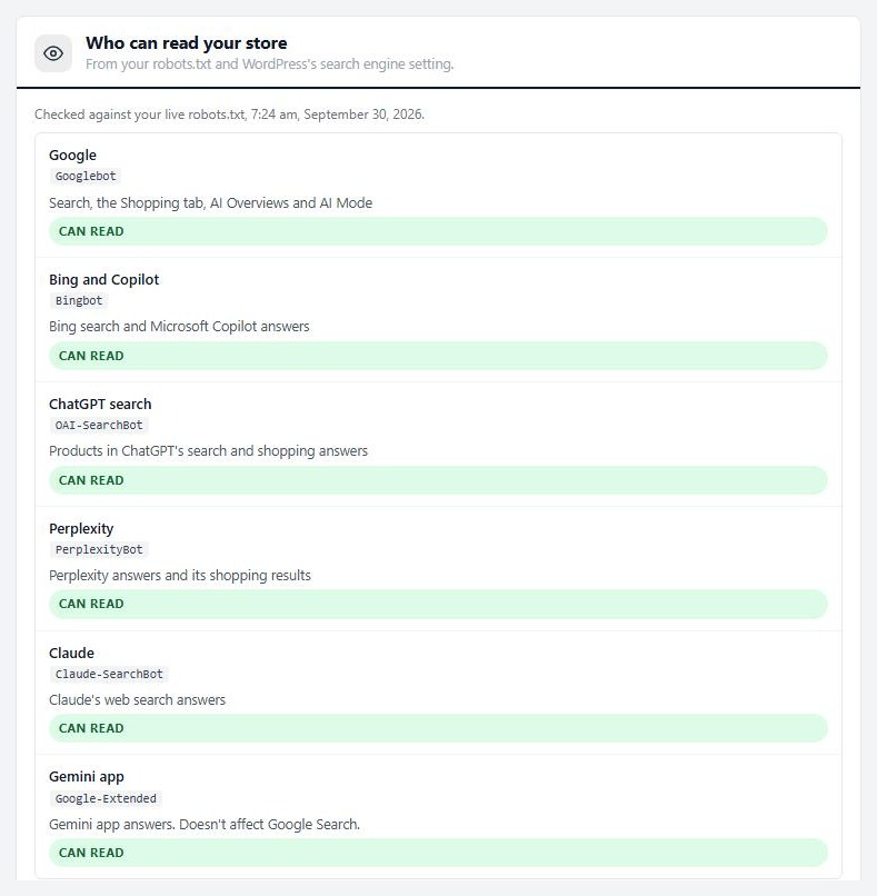 Settings › Search & AI, the Who can read your store section.