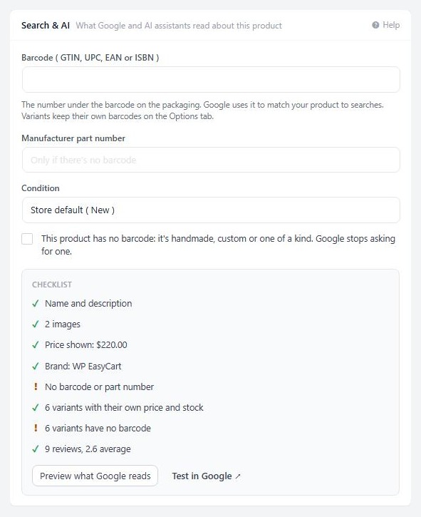 A product’s SEO & Marketing tab, showing the Search & AI card.