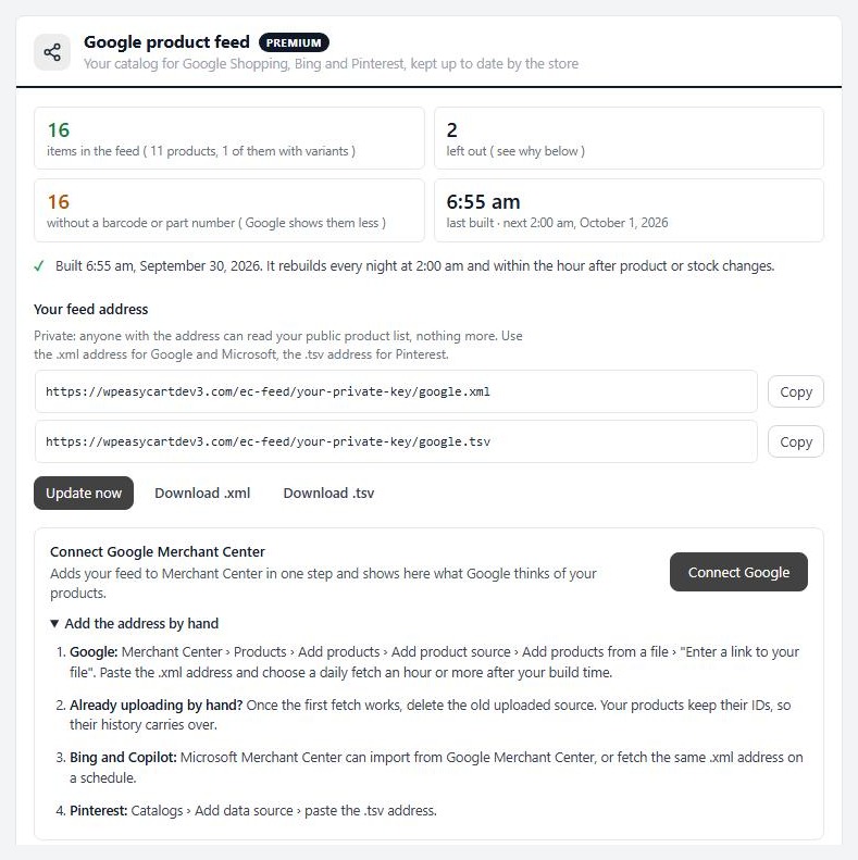 Settings › Search & AI, the Google product feed section, with a built feed and its private address.