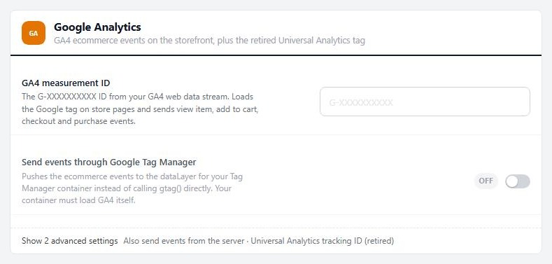 Settings › Integrations › Google Analytics, with the GA4 measurement ID row.