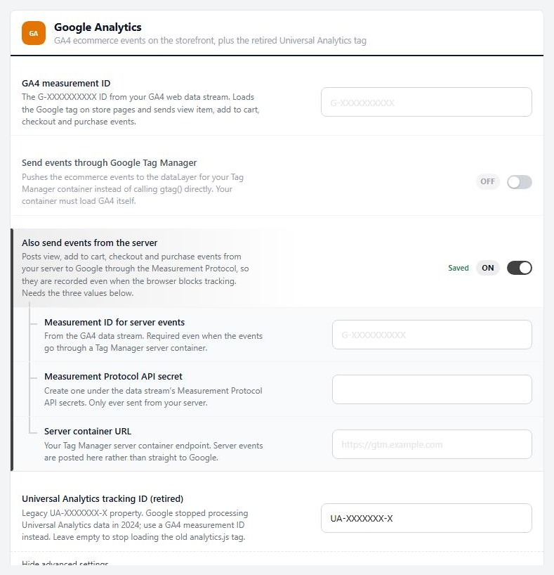 The Google Analytics card with Show advanced settings on and Also send events from the server turned on. No values are filled in.